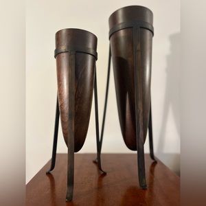 2 Pc Tall Wooden + Iron Vase Set